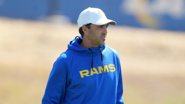 Jun 7, 2022; Thousand Oaks, California, USA; Los Angeles Rams offensive coordinator Zac Robinson during minicamp at Cal Lutheran University.